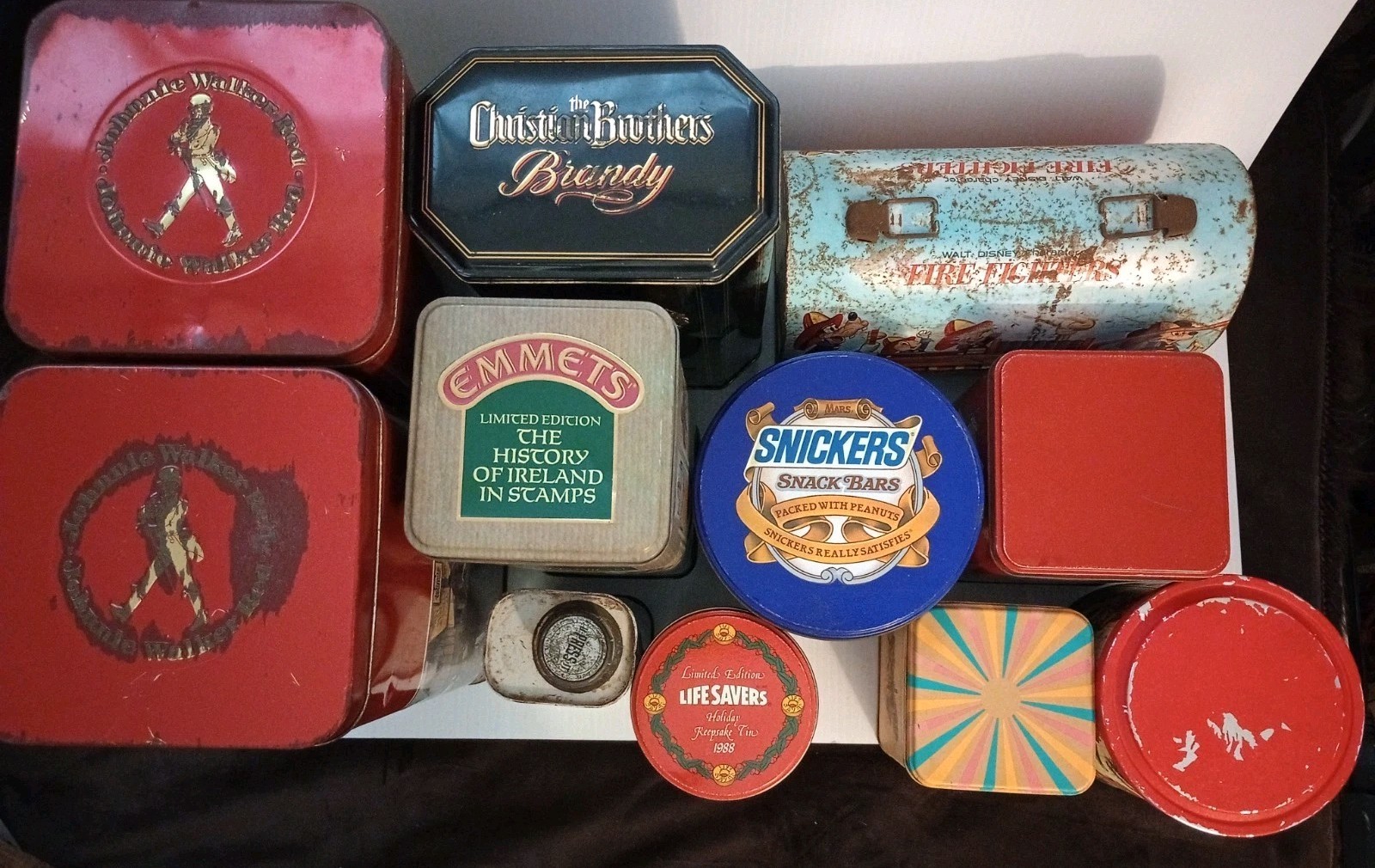 11 Vintage Advertising Tins: Whiskey/ Snickers/Life Savers/Maple Syrup/Chocolate