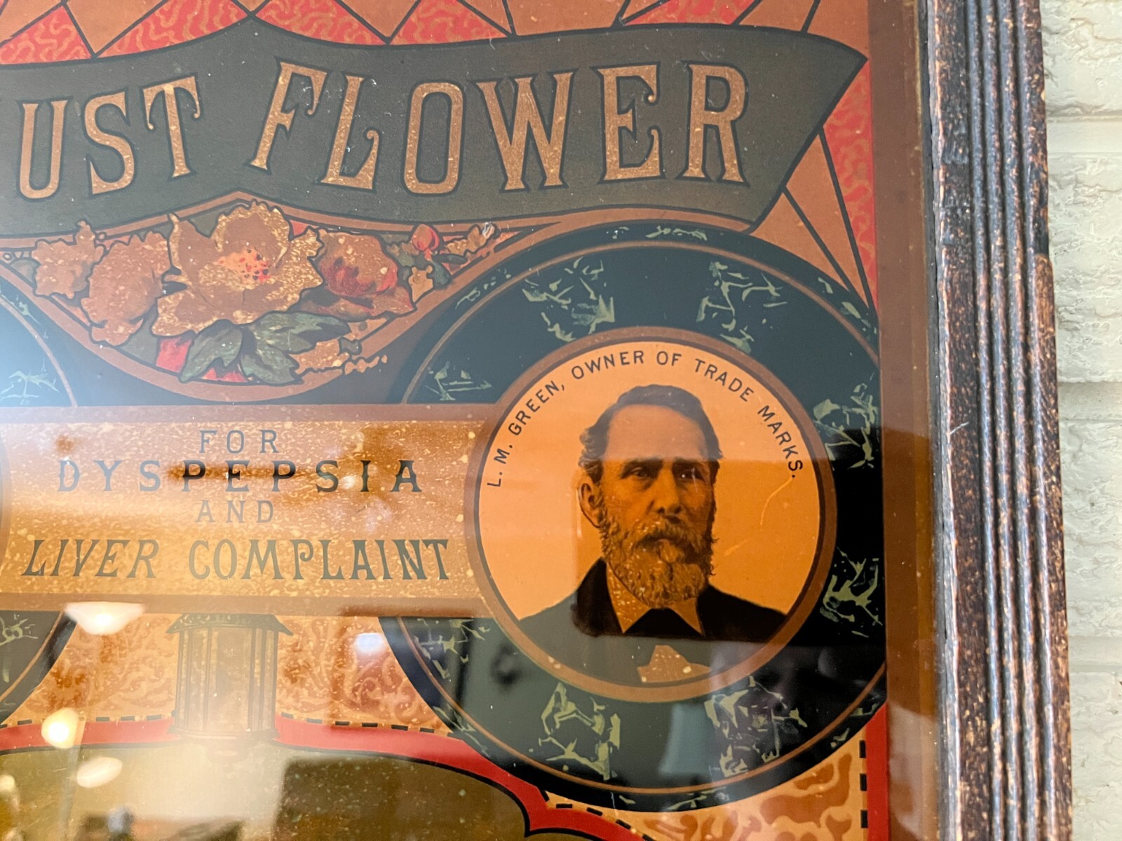 Rare August Flower German Syrup Quack Medicine Reverse Painted Sign on glass