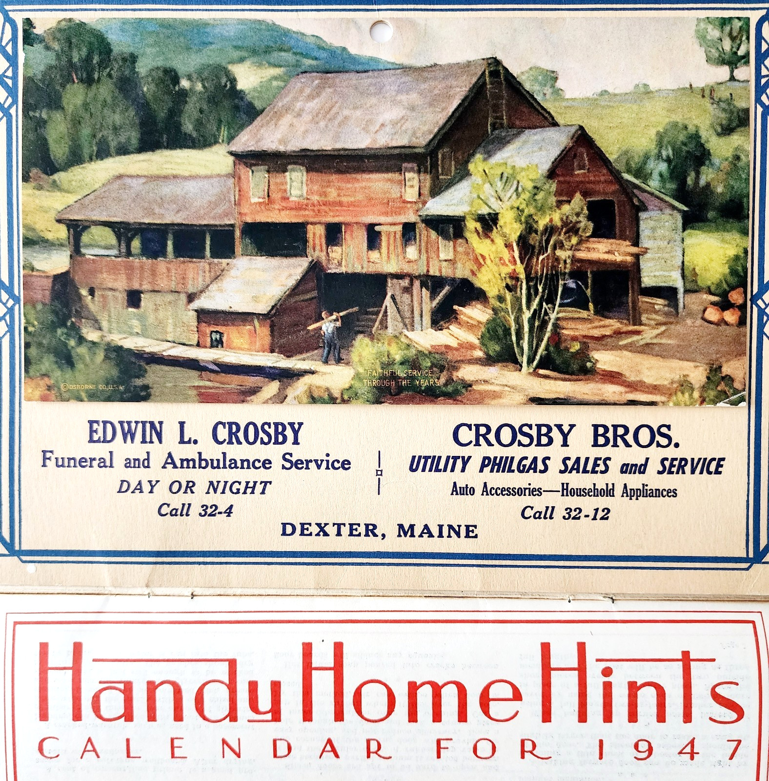 1947 Dexter Maine Crosby Bros Vintage Calendar Advertisement Funeral Gas DWD23B