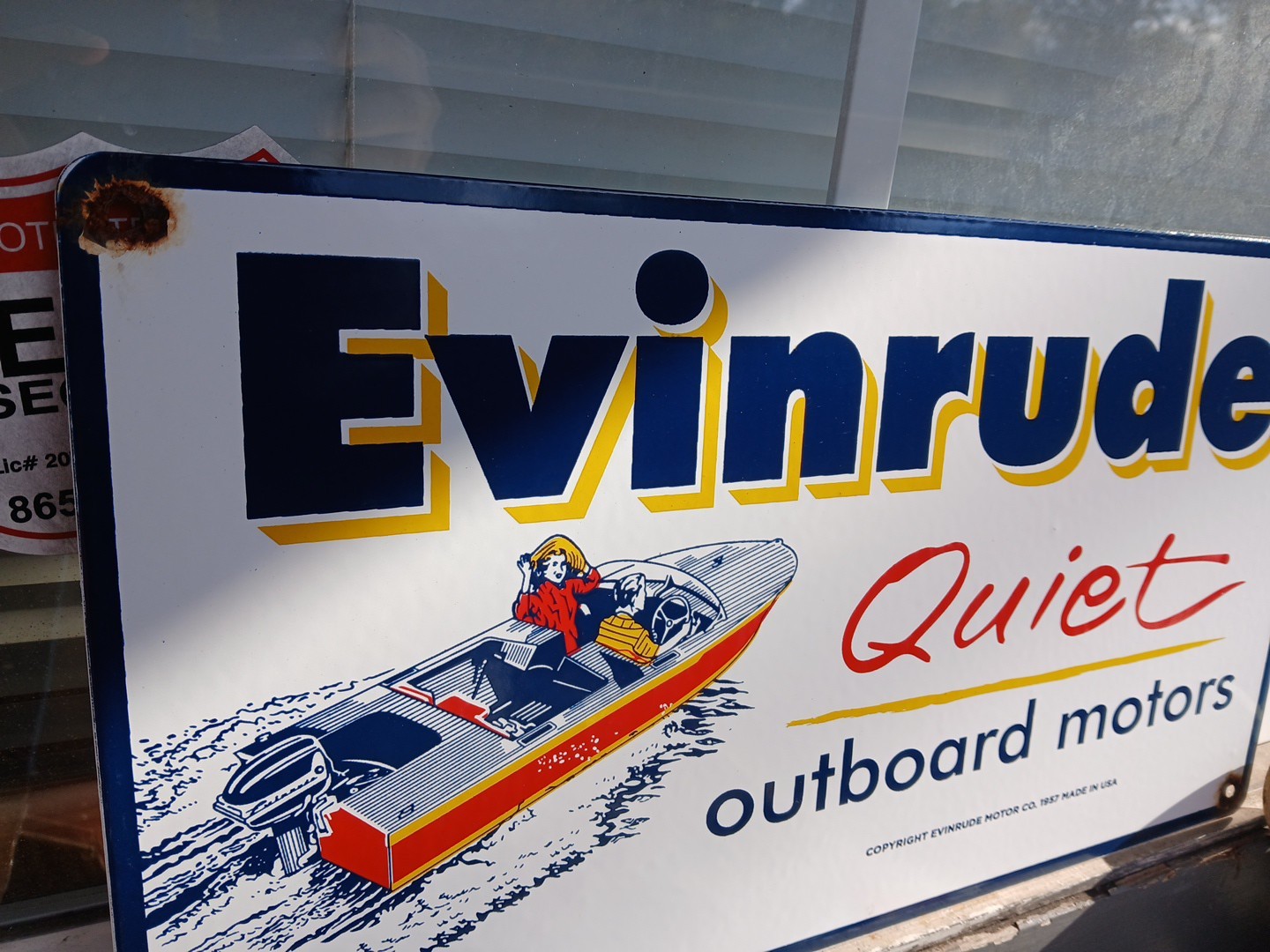 VINTAGE LARGE EVINRUDE OUTBOARD MOTOR PORCELAIN METAL BOAT ENGINE SERVICE SALES