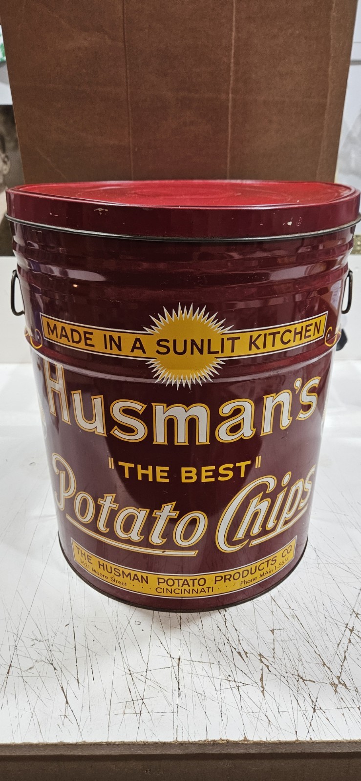 Vintage HUSMAN’S Potato CHIPS 3 LB Large Tin Can With Lid