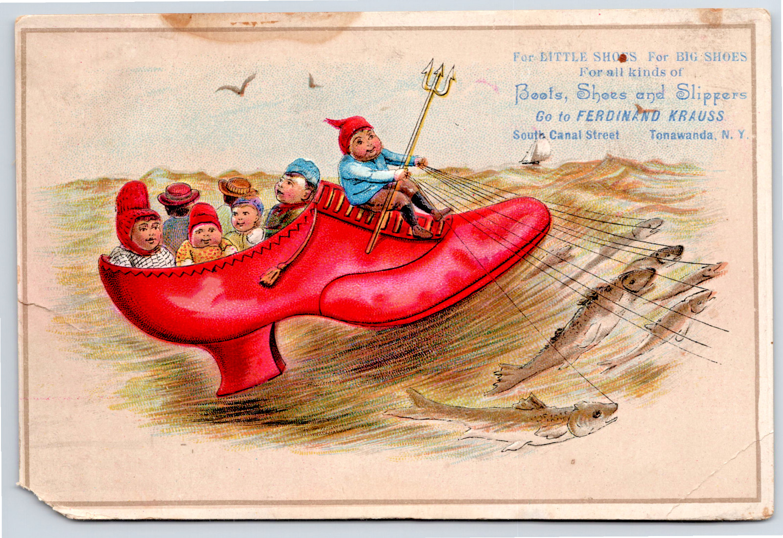 Trade Card Children Giant Shoe Fish Sled Trident Ferdinand Krauss Tonawanda NY
