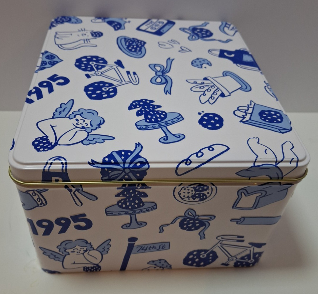Levian Bakery Embossed Tin Container w/Lid 30th Anniversary Blue & White Empty
