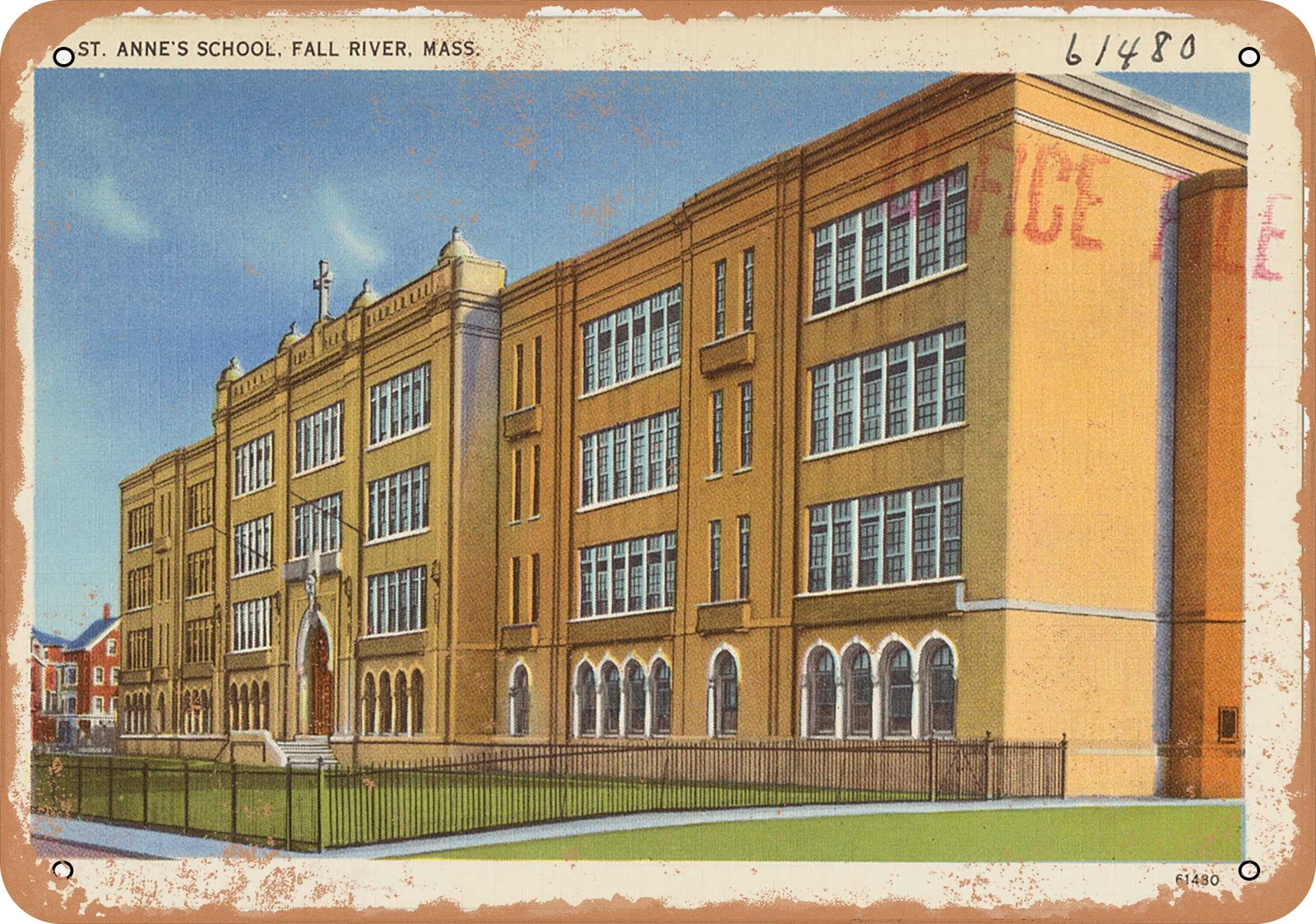 METAL SIGN – Massachusetts Postcard – St. Anne’s School, Fall River, Mass.
