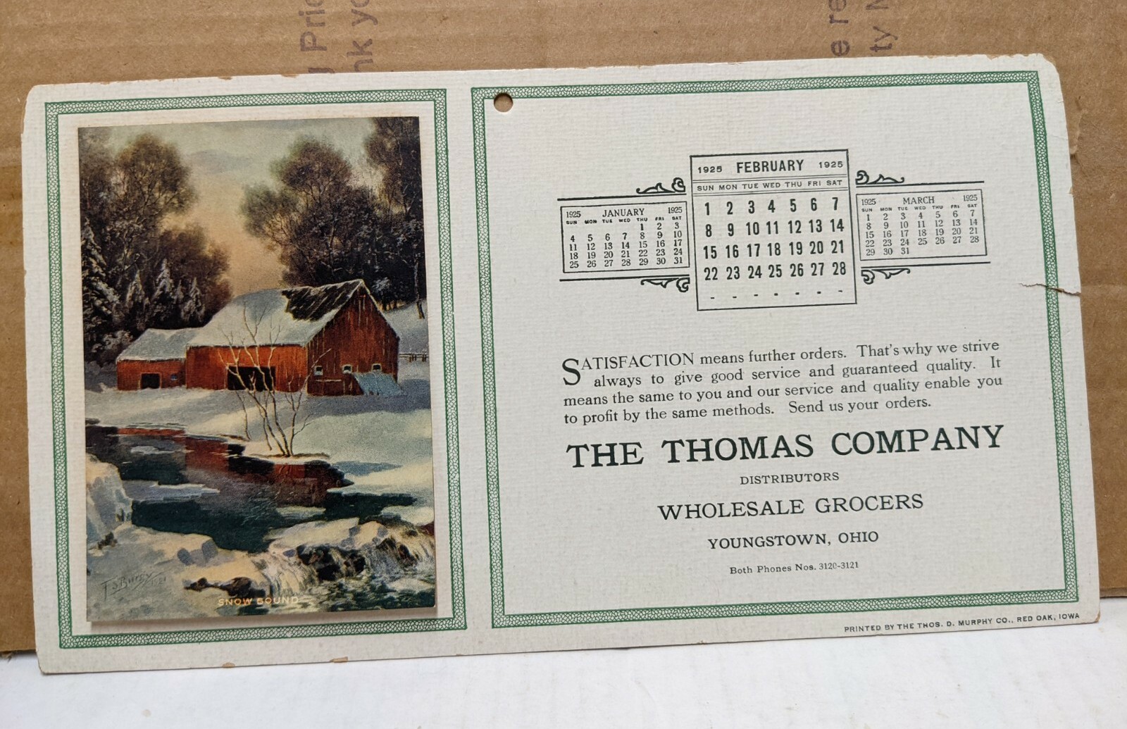 The Thomas Company Wholesale Grocers Youngstown Ohio OH Partial 1925 Calendar