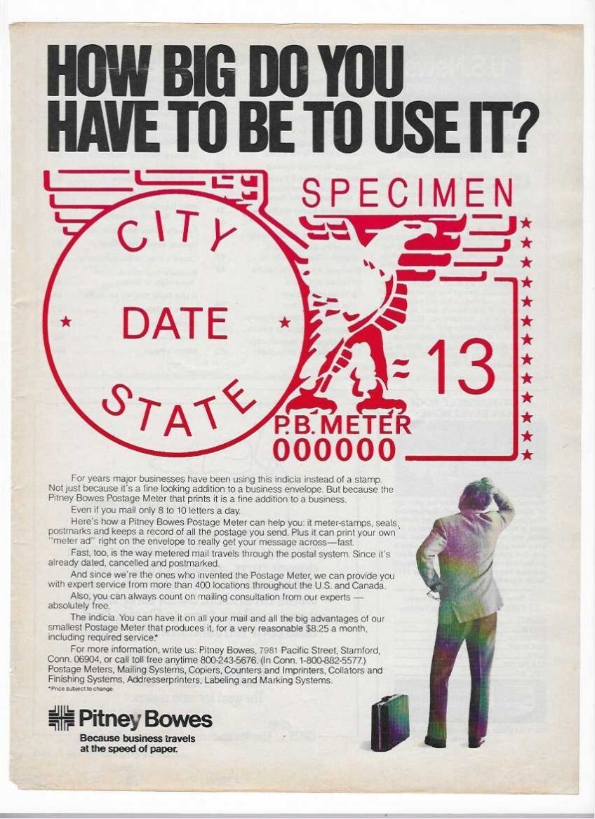 1977 Pitney Bowes Postage Meter, Oasis Water Cooler & Randustrial Vintage Ads