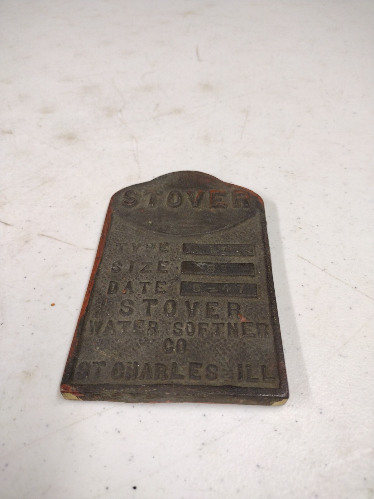 Vintage Brass 1947 Stover Water Softener Co St Charles IL Advertising Name Badge