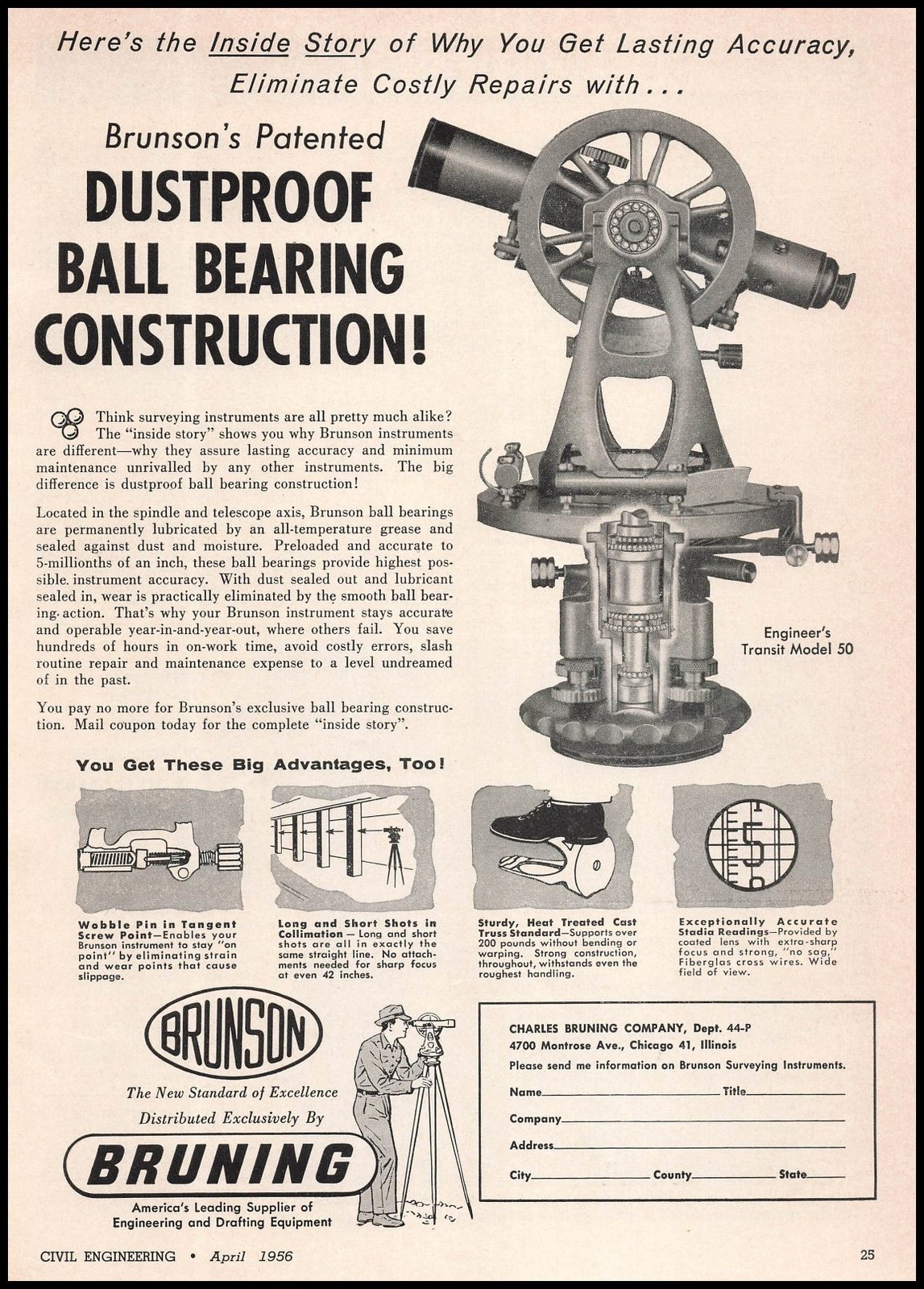 1956 Charles Bruning Chicago Brunson Model 50 Engineer Transits Vintage Print Ad
