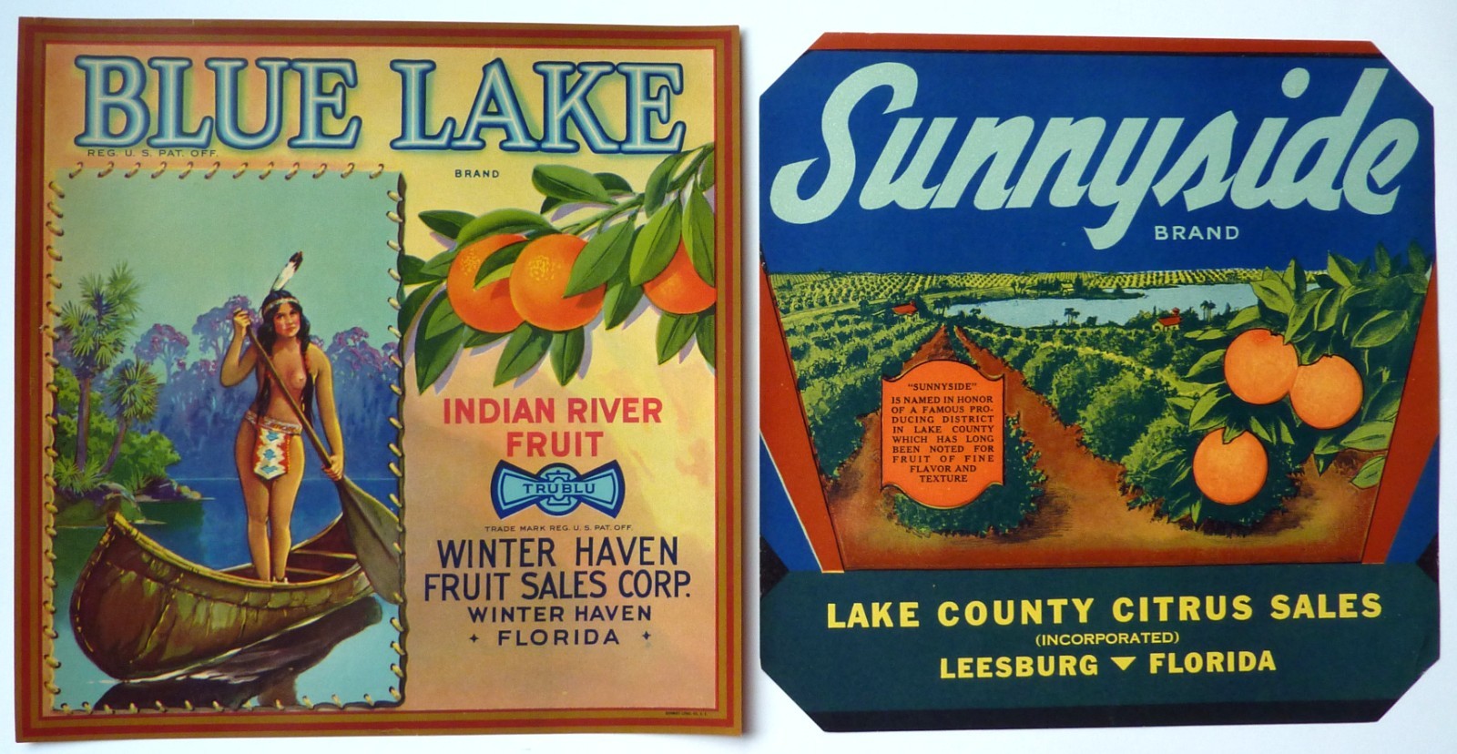 2 Vintage Florida Orange Crate Labels Blue Lake Sunnyside 1930s-40s Original