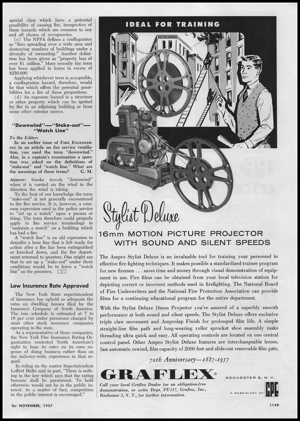 1957 Graflex Fire Fighting Film Stylist Deluxe 16mm Movie Projector Print Ad