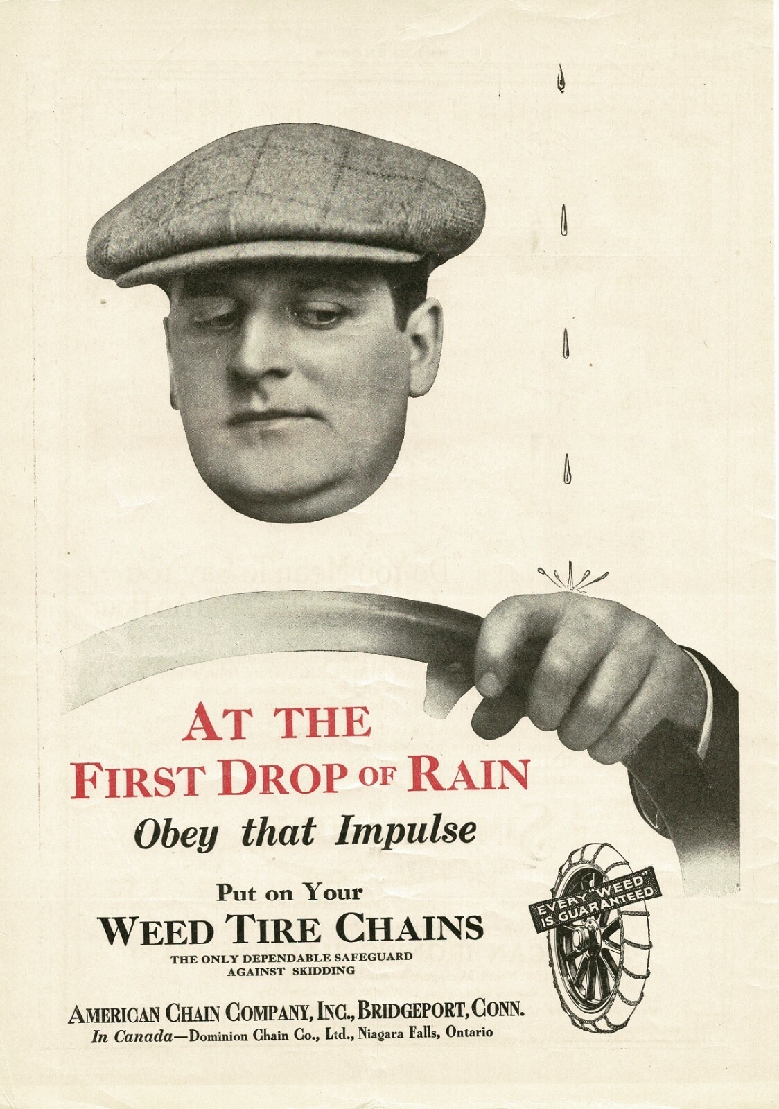 1918 American Chain Co. WEED car tire chains Man wearing flat cap hat Vintage Ad