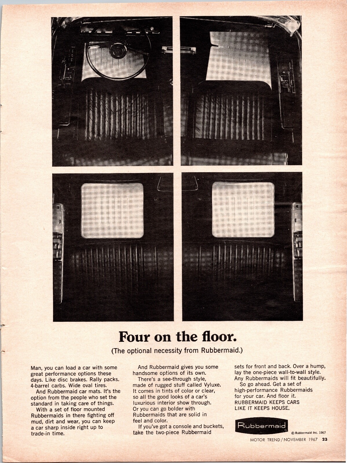 1967 Rubbermaid Floor Car Mats Classic Camaro Mustang Vintage Print Ad