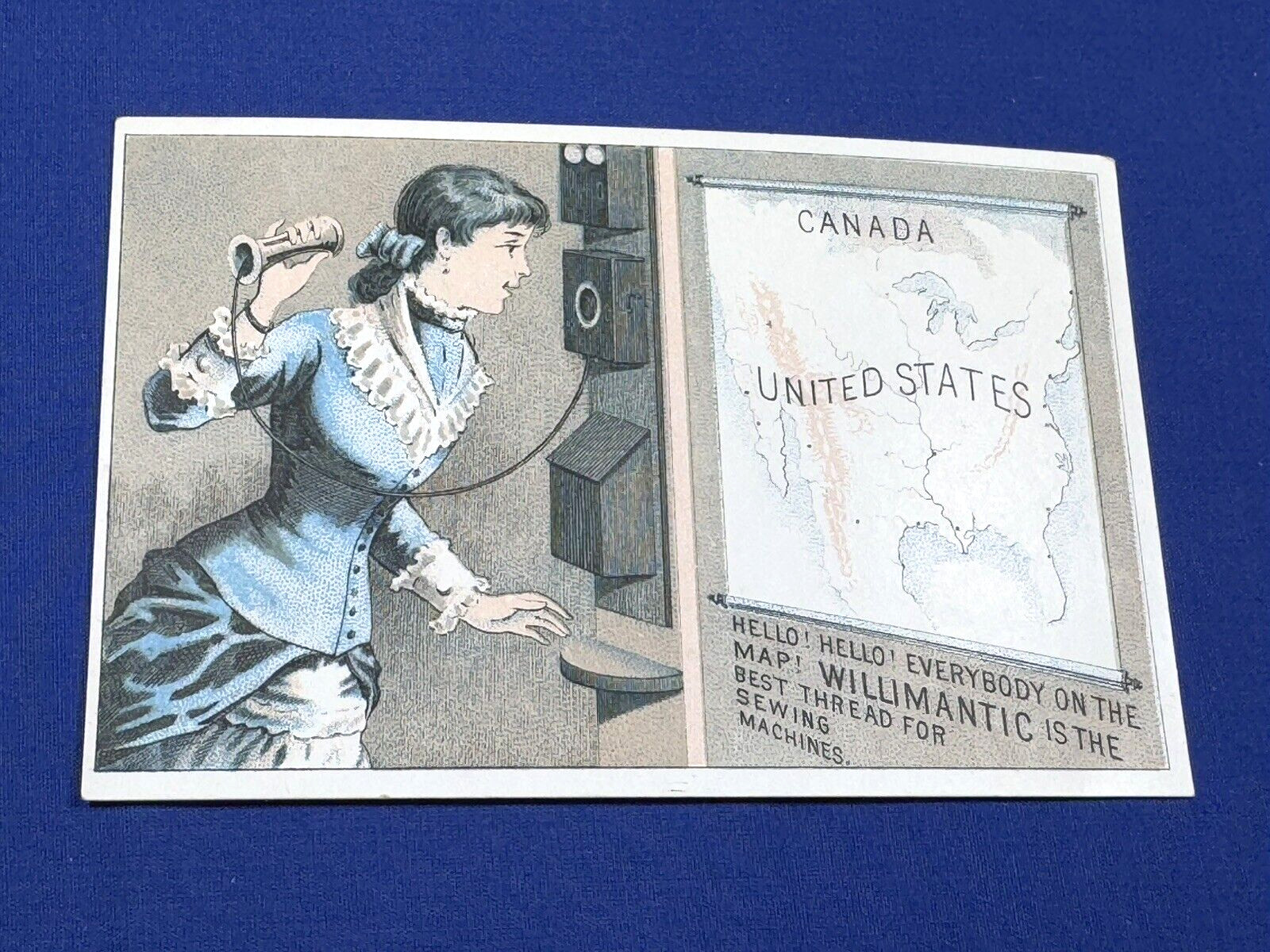 C.1885 Victorian Trade Card WILLIMANTIC THREAD ~ Telephone! 5.25″ x 3.25″