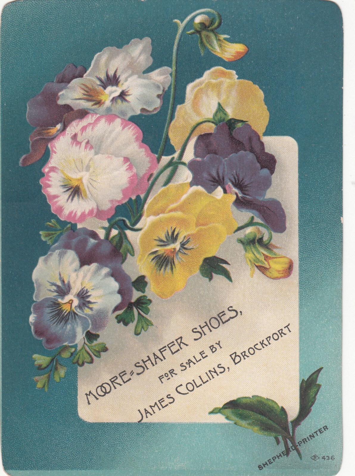 Moore & Shafer Shoes James Collins Brockport Colorful Pansies Vict Card c1880s