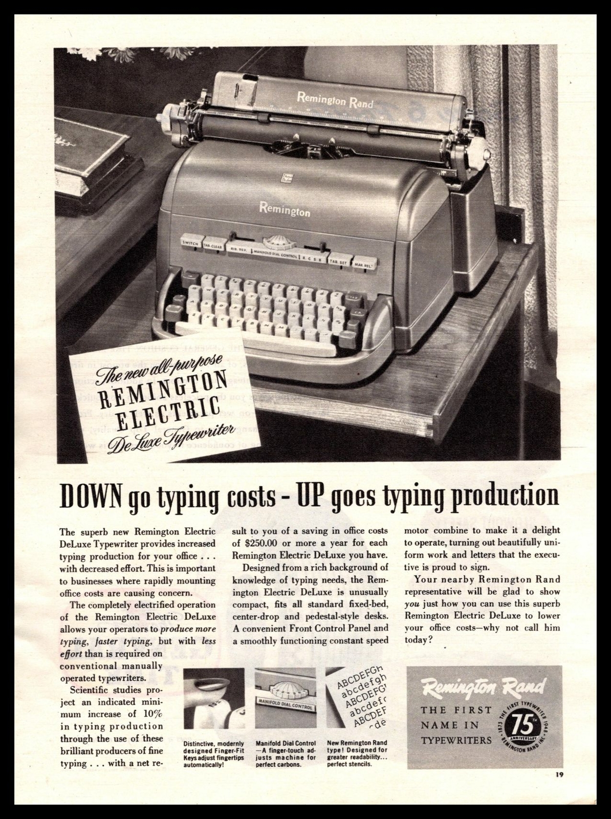 1948 New Remington Rand Electric De Luxe Typewriters Vintage Print Ad