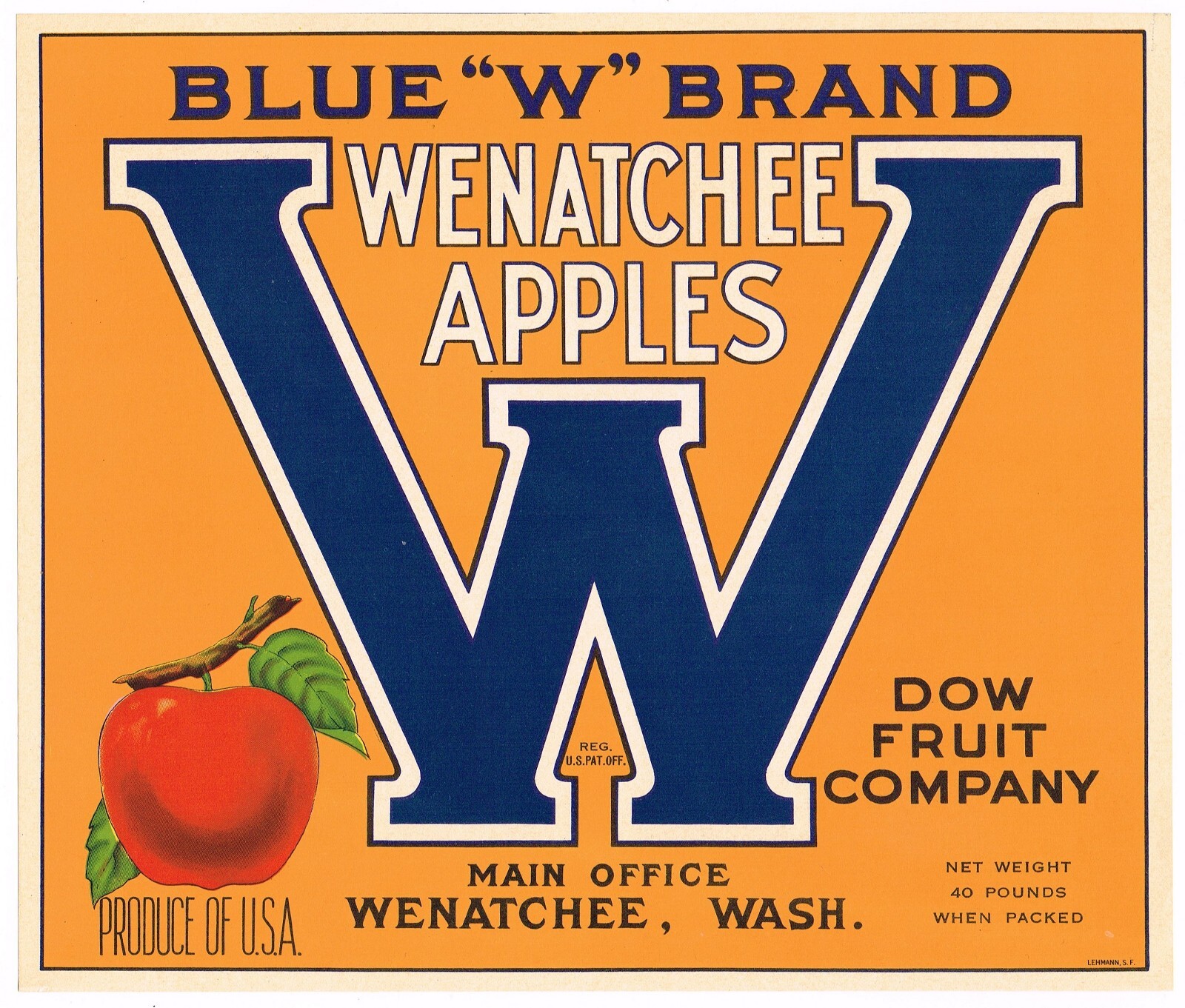 ORIGINAL CRATE LABEL VINTAGE WENATCHEE 1930S RARE BLUE W DOW FRUIT LEHMANN