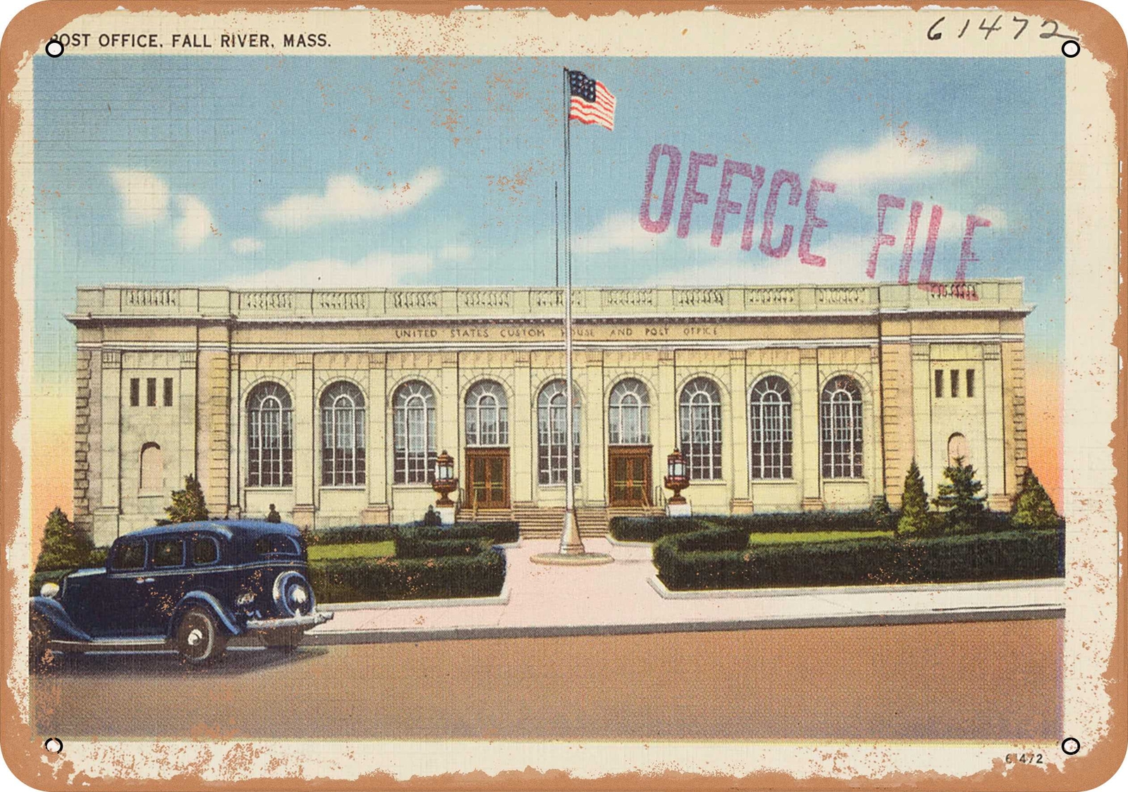 METAL SIGN – Massachusetts Postcard – Post office, Fall River, Mass.