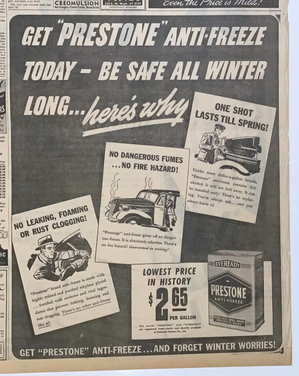 1939 newspaper ad for Prestone Anti-Freeze – Be Safe All Winter, features