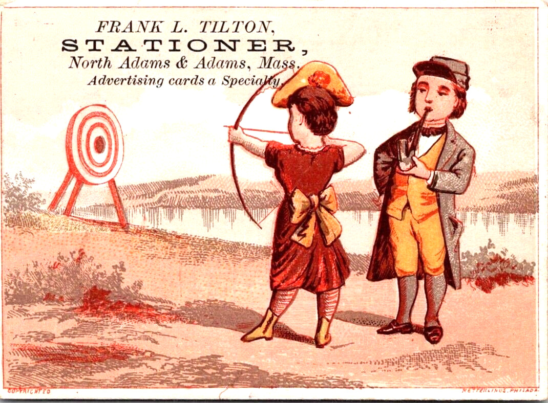 Frank L Tilton Stationer Girl Archer Boy Smoking Pipe Victorian Trade Card