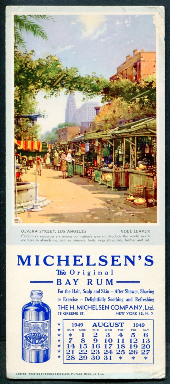 NY~ H. Michelsen Co., BAY RUM, St. View in L. A. ~ COLOR ADV. BLOTTER circa 1949