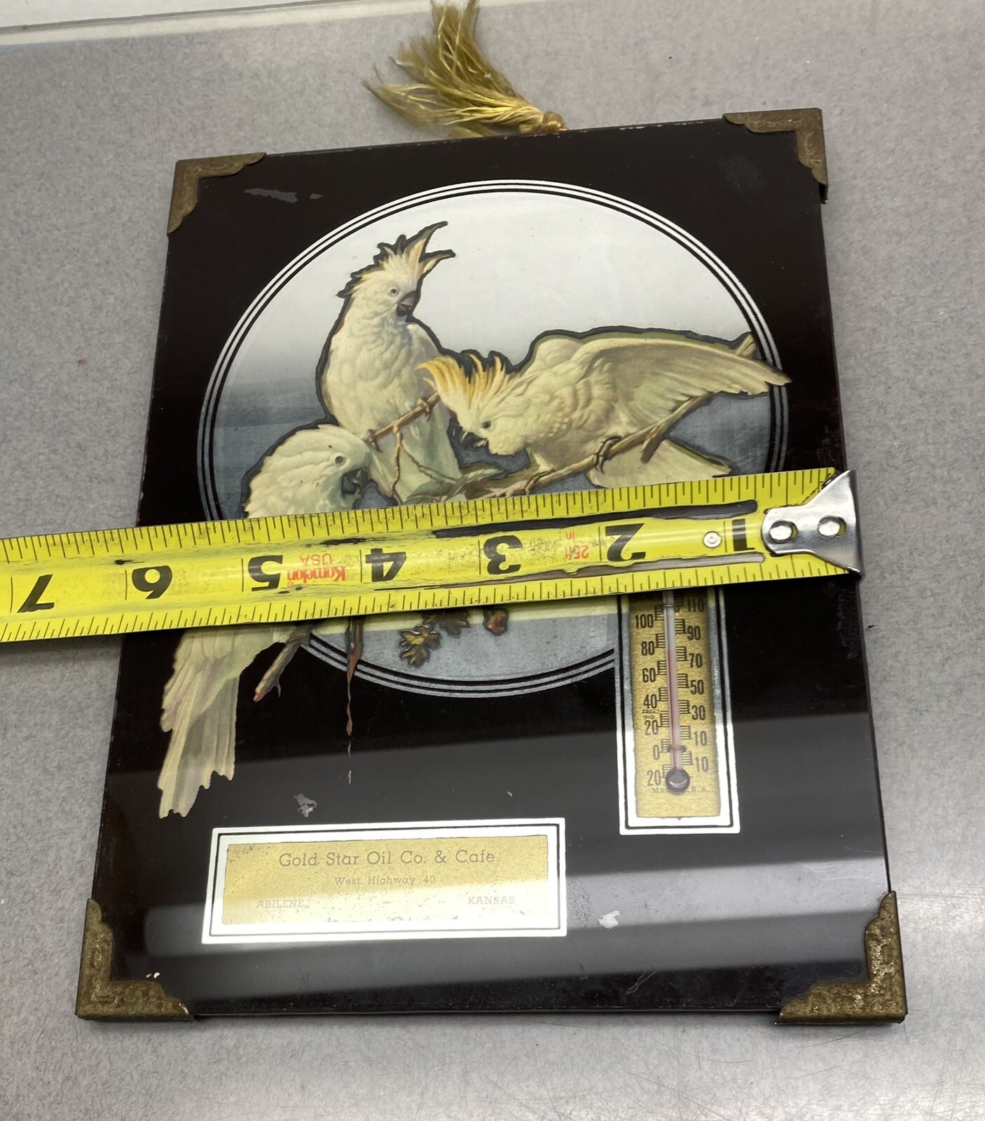Vintage Advertising Thermometer Mirror Gold Star Oil & Cafe Arlene Kansas Birds