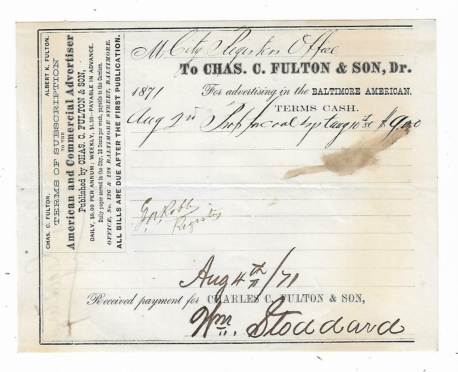 1871 Invoice Baltimore American Newspaper Advertising Charles Albert Fulton