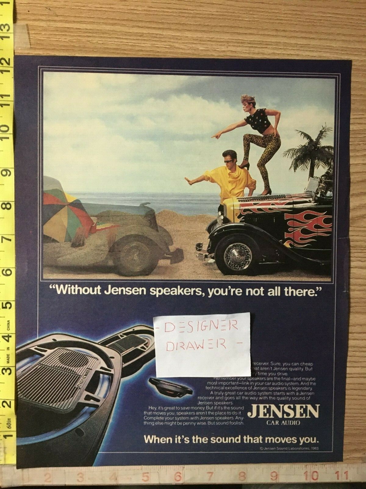 Jensen Car Audio Receiver & Speakers Vintage 1983 Print Ad: Beach Hot Rod Car