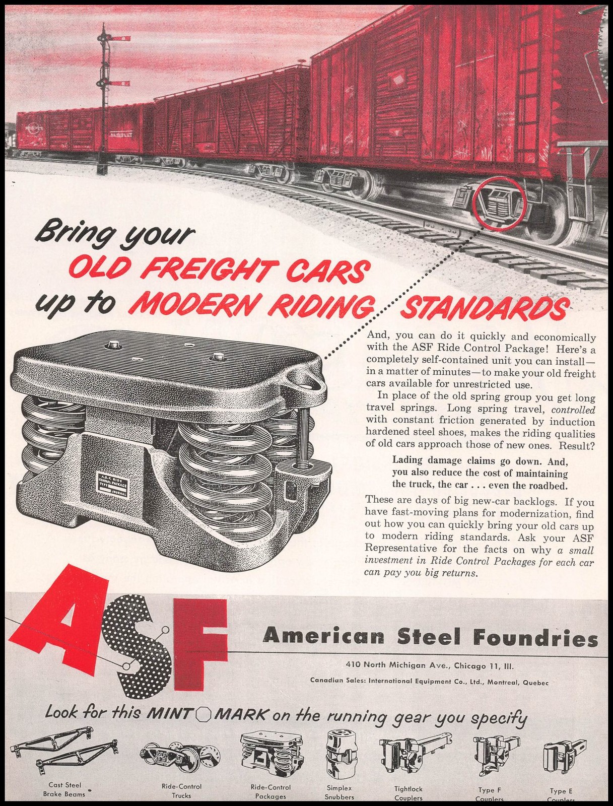 1953 American Steel Foundries Train Freight Car Ride Control Package Print Ad