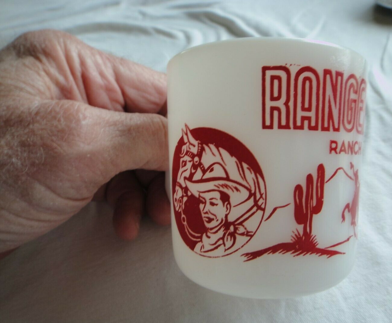 Vintage MILK GLASS RANGER JOE HAZEL ATLAS KID’S MUG EXC READ