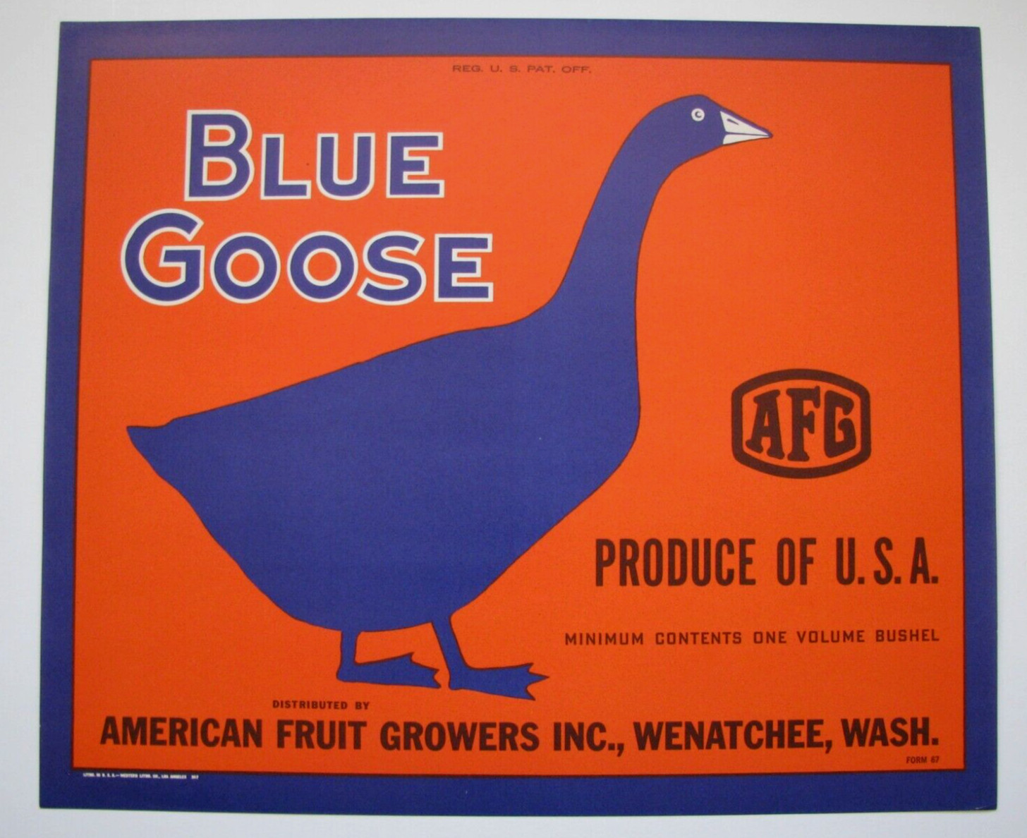 Original 1947 BLUE GOOSE apple crate label Wenatchee Washington AFG form 67