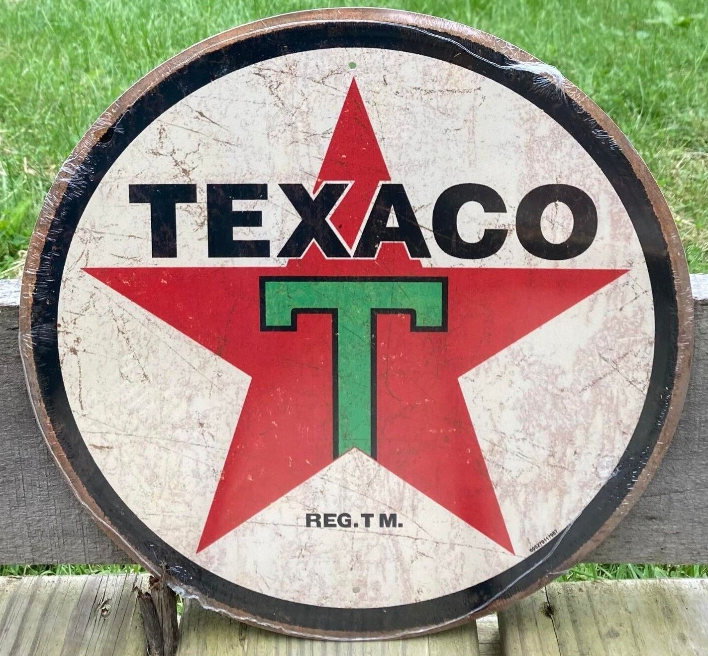 Texaco Rustic 11.75″ Round Aluminum SIGN vtg garage gas ad decor MADE IN USA