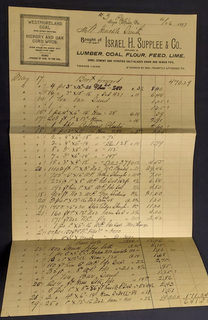 1897 Advertising Invoice Israel H Supplee & Co Bryn Mawr PA Lumber Coal Flour