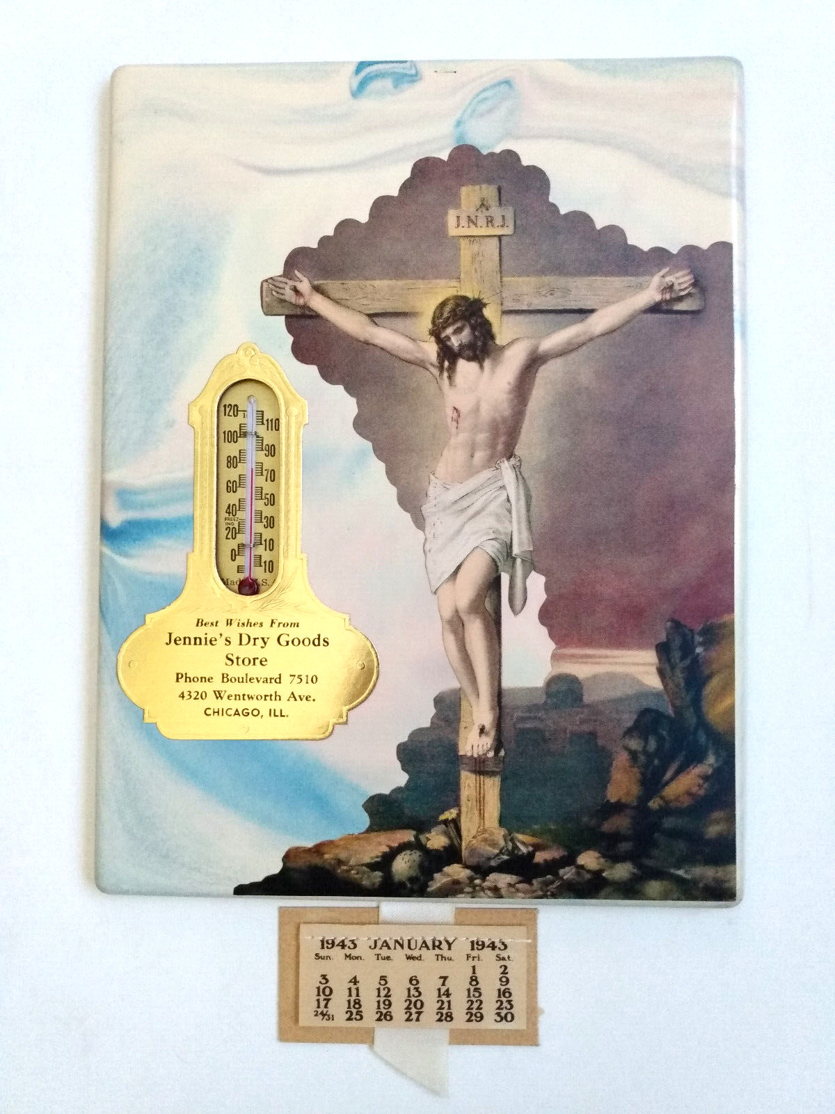 Vtg NOS Advertising 1943 Calendar Thermometer Jesus Crucifixion Plaque, Chicago