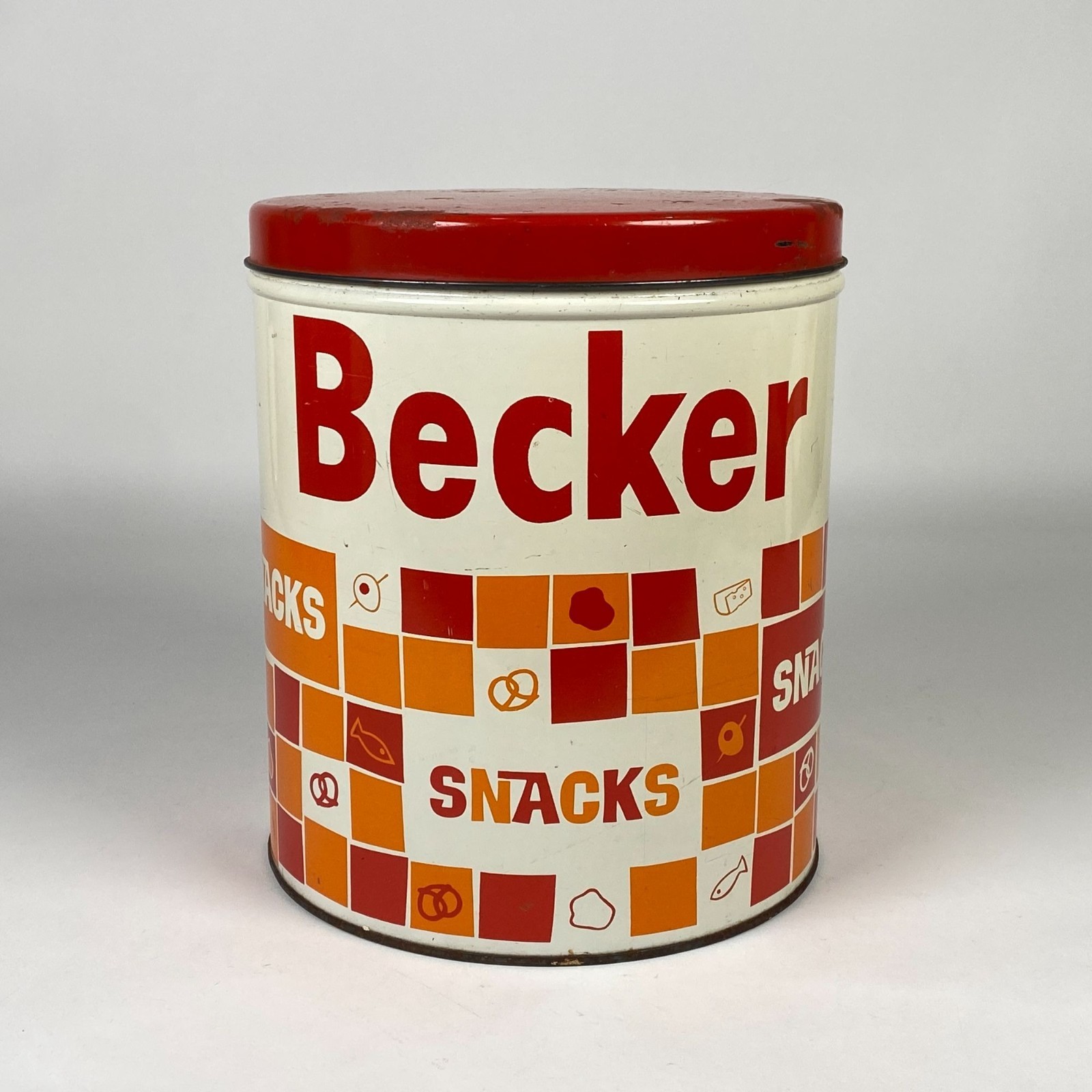 Vintage Becker Pretzel Bakeries Snacks Metal Tin Can Checkerboard Print Rare HTF