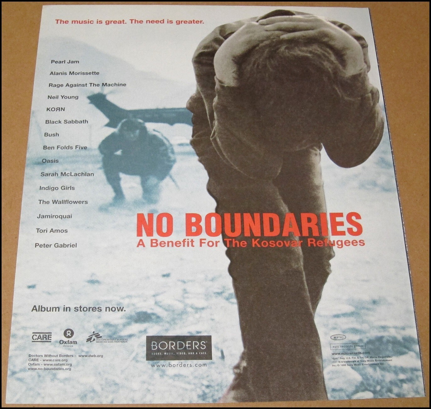 1999 No Boundaries Kosovar Refugees Benefit Print Ad 10×12 Pearl Jam Neil Young