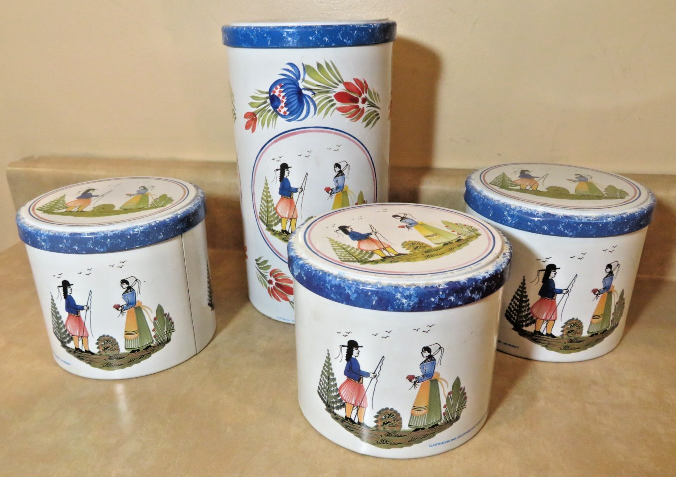 Vintage Set of 4 Massilly France Tins Canisters Henriot Quimper Courting Couple