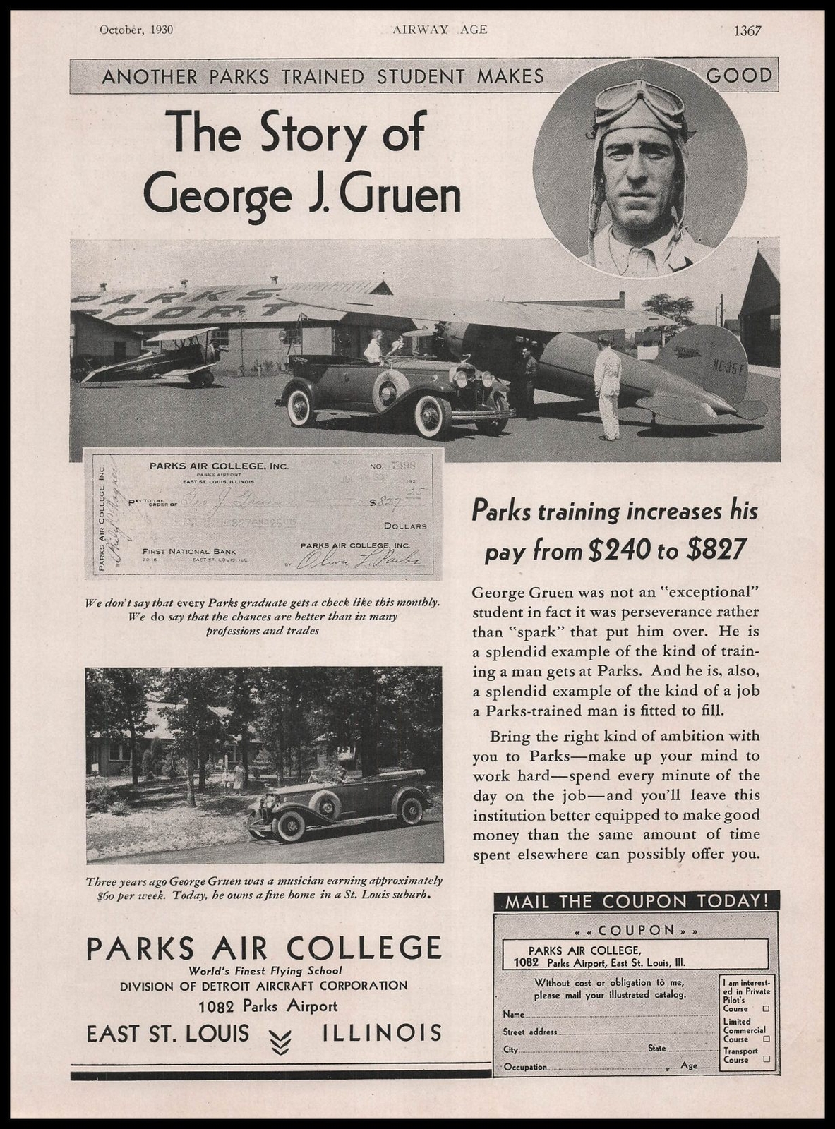 1930 George Cruen Student Pilot Photos Parks Air College E. St Louis IL Print Ad