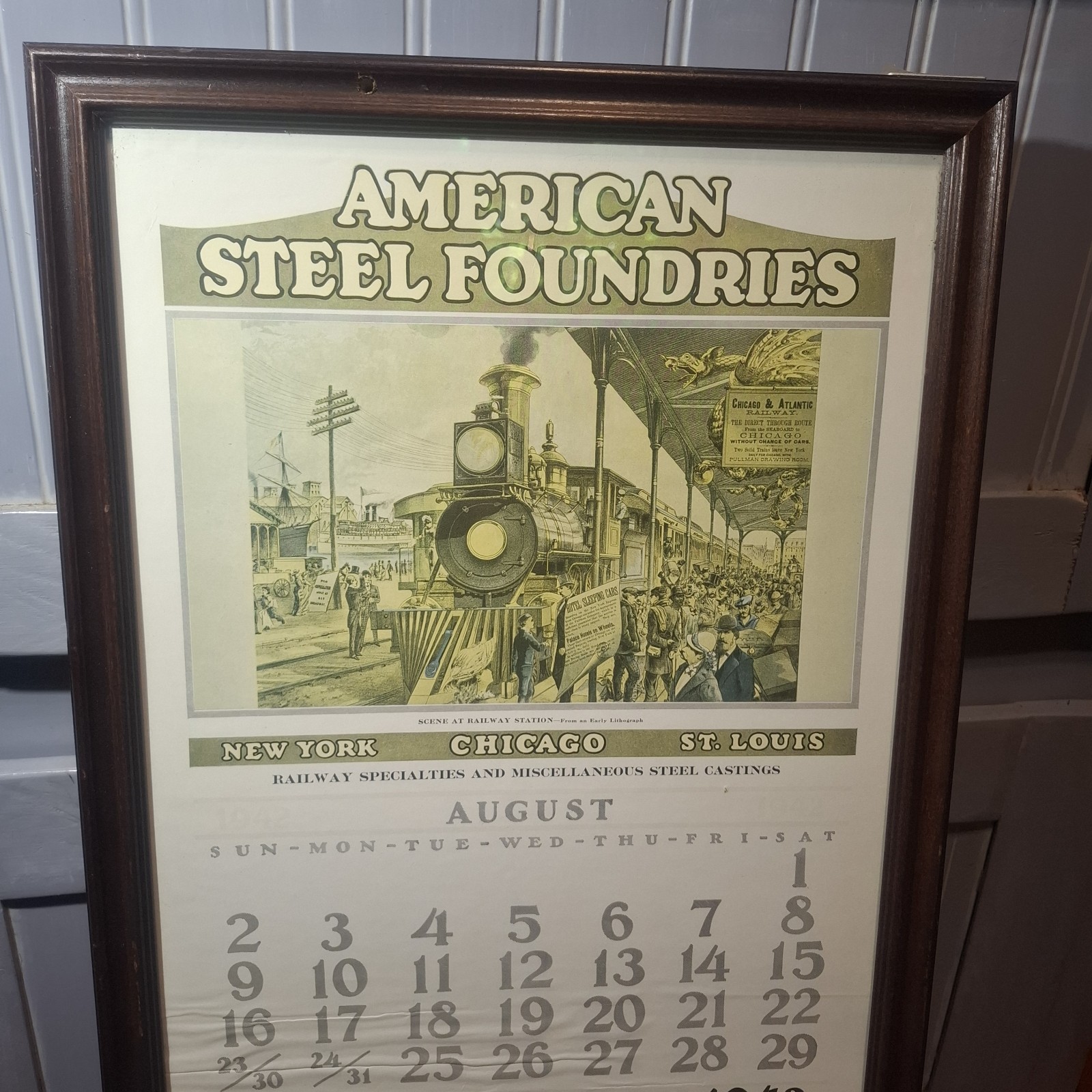 Large framed 1942 AMERICAN STEEL FOUNDRIES Calendar RAILWAY SPECIALTIES vintage
