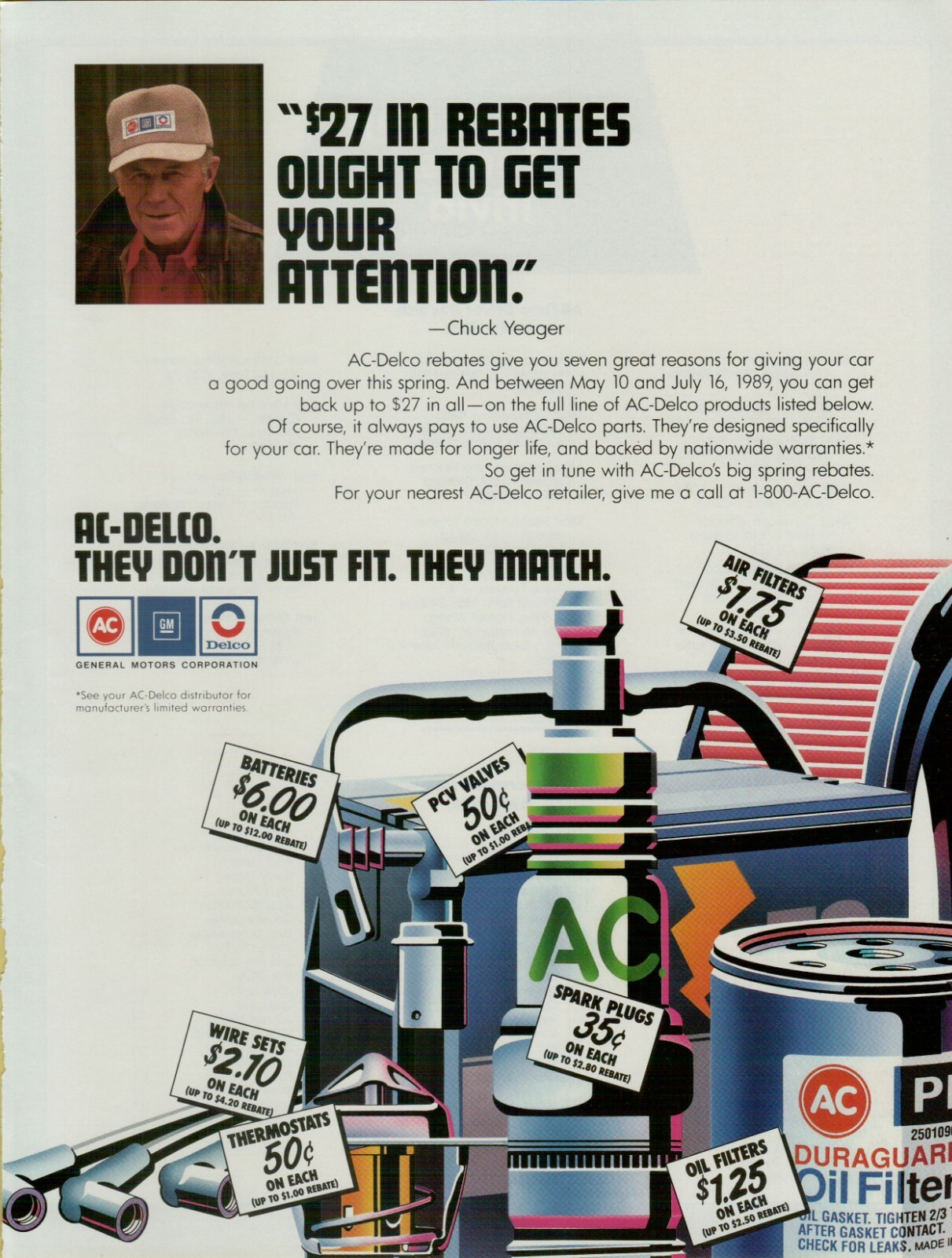 1989 AC Delco Spark Plugs Chuck Yeager Get Your Attention VINTAGE PRINT AD