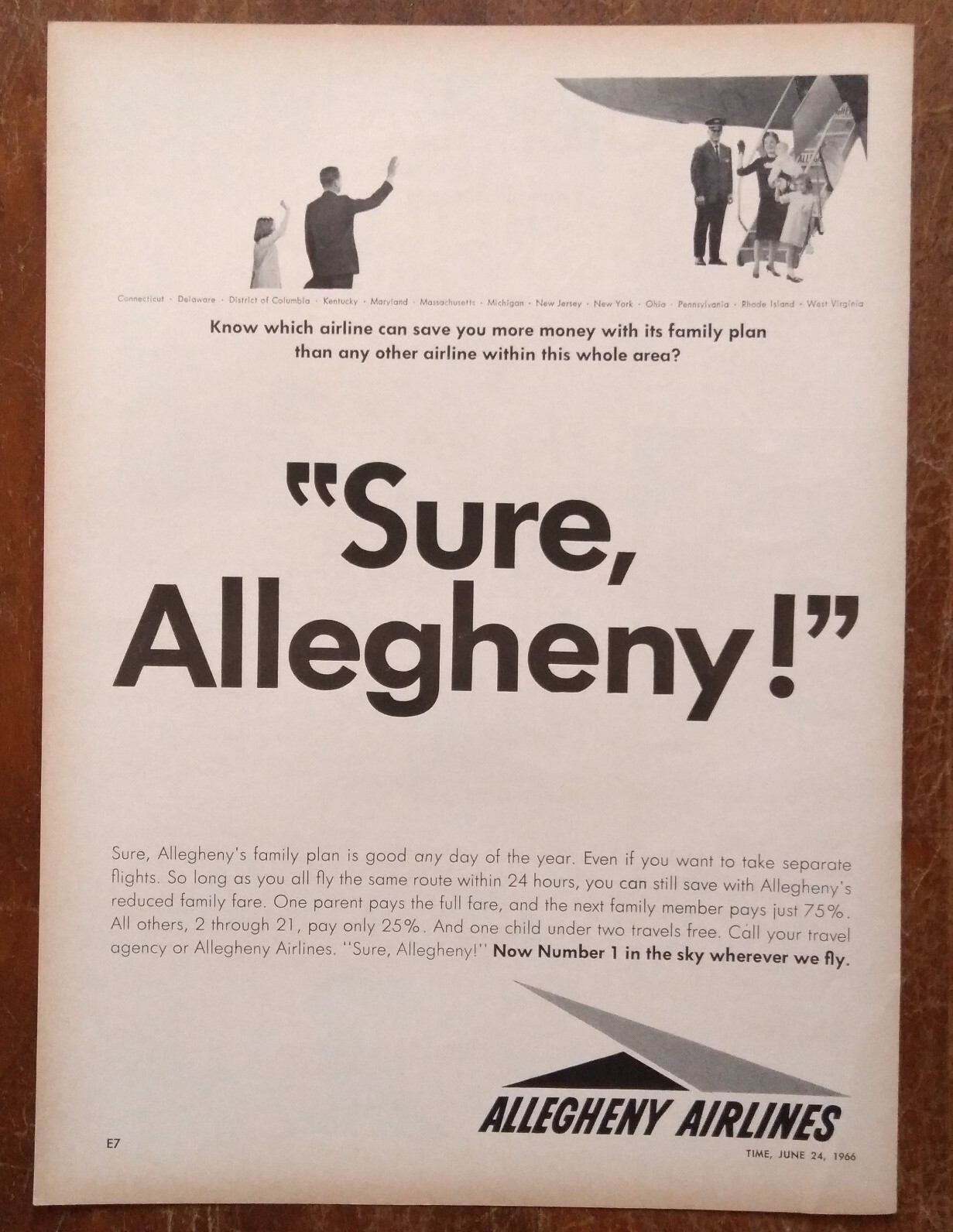 1966 Sure, Allegheny Airlines Family Plan Promo Photo Vintage Magazine Print Ad