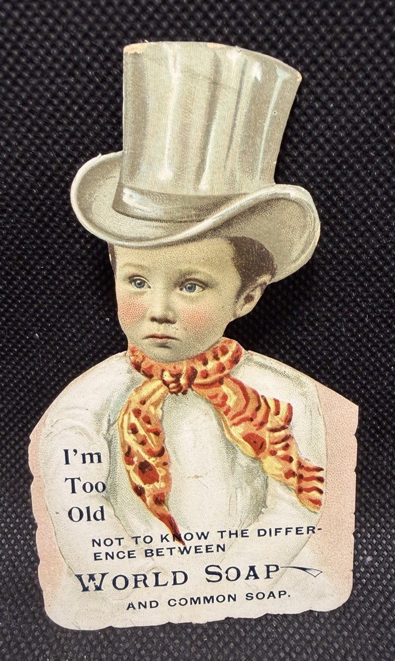 Antique Victorian Trade Card Die Cut WORLD SOAP Boy w/ Top Hat & Scarf 4.25″