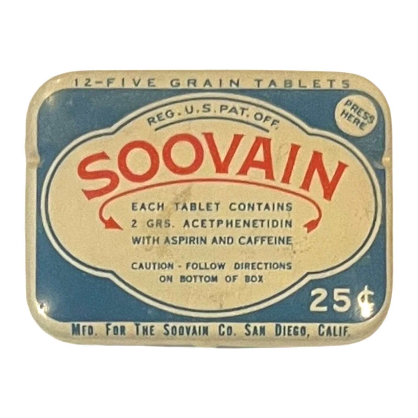 Rare Vintage Soovain Aspirin Caffeine Metal Tin Pocket Pill Drug Box Collectible