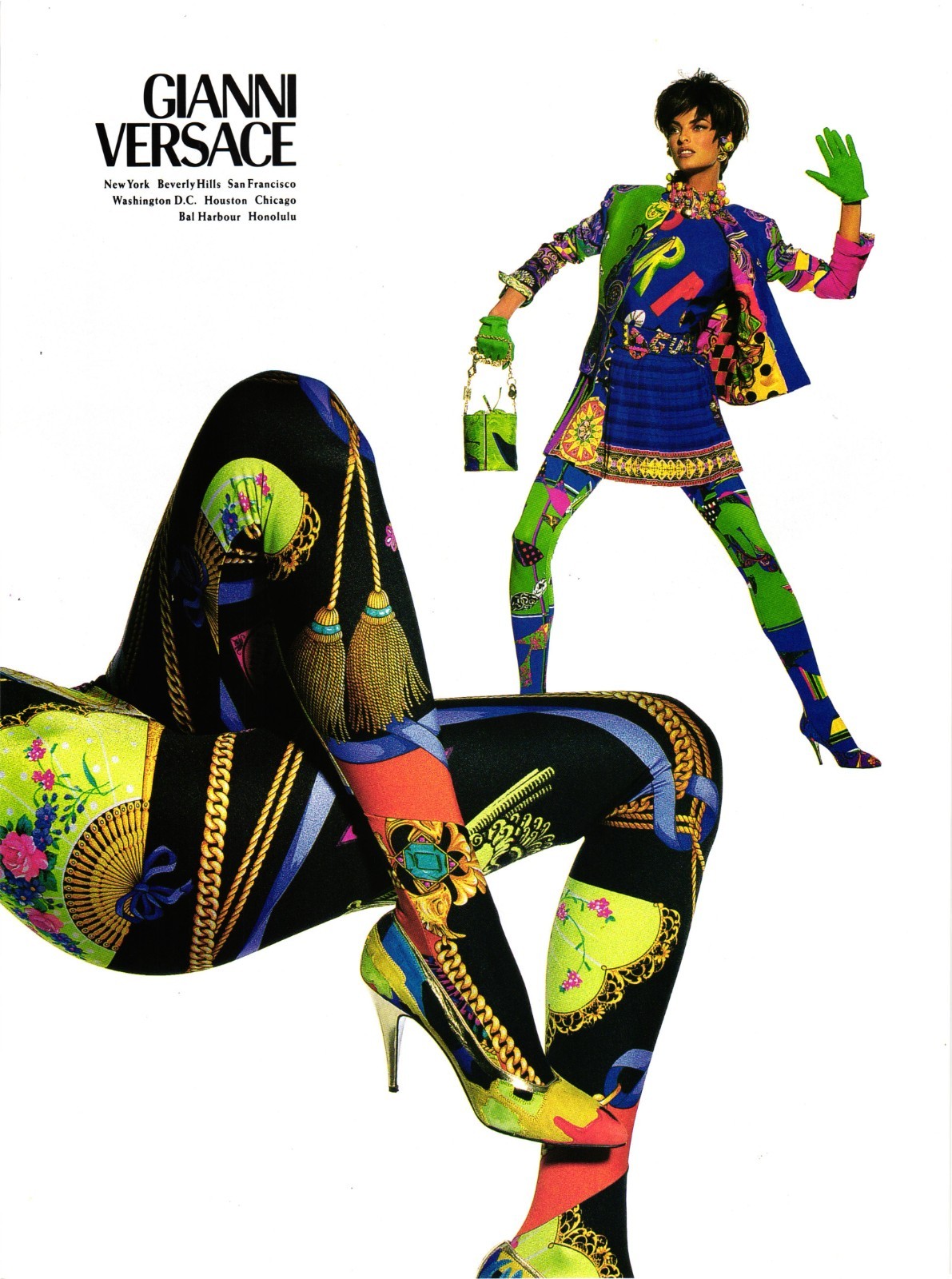 90s Print Ad Gianni Versace Energy Linda Evangelista Fashion Leggings Tights 526