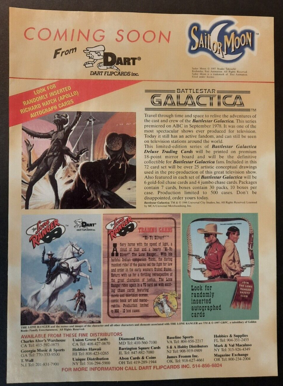 DART FLIPCARDS The Lone Ranger, Battlestar ~ Vintage Magazine Page PRINT AD 1996