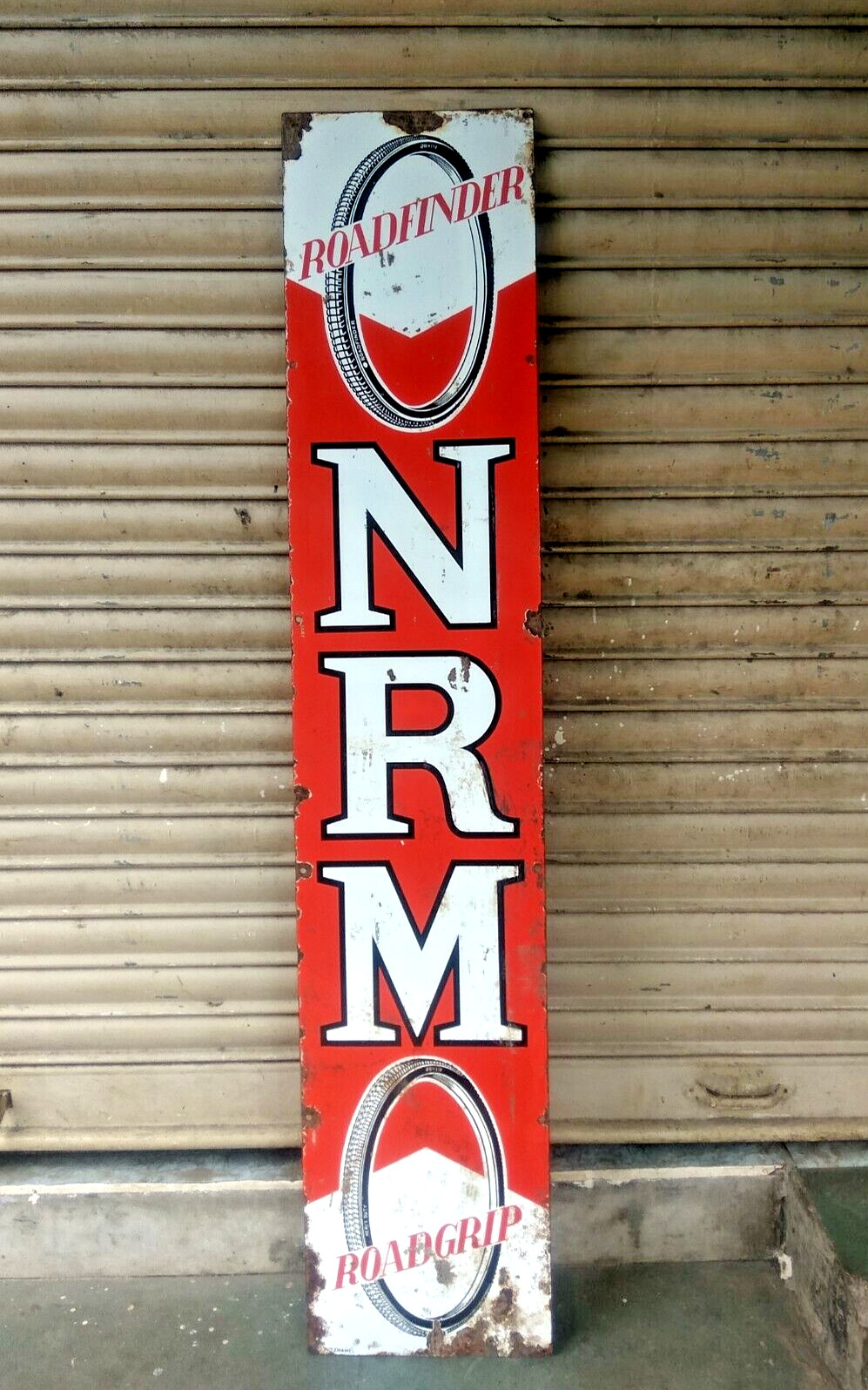 VINTAGE PORCELAIN ENAMEL SIGN NRM ROADFINDER & ROADGRIP CYCLE TYRE 60 INCH 1950