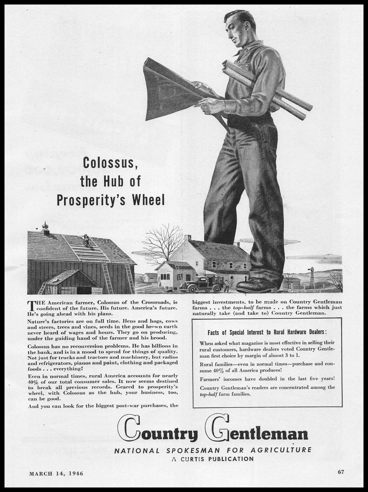 1946 Country Gentleman The Farmer “Colossus Hub Of Prosperity’s Wheel” Print Ad