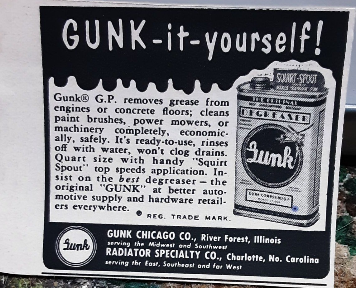 Vintage 1959 Gunk Engine Degreaser Garage Cleaner Automotive Print Ad