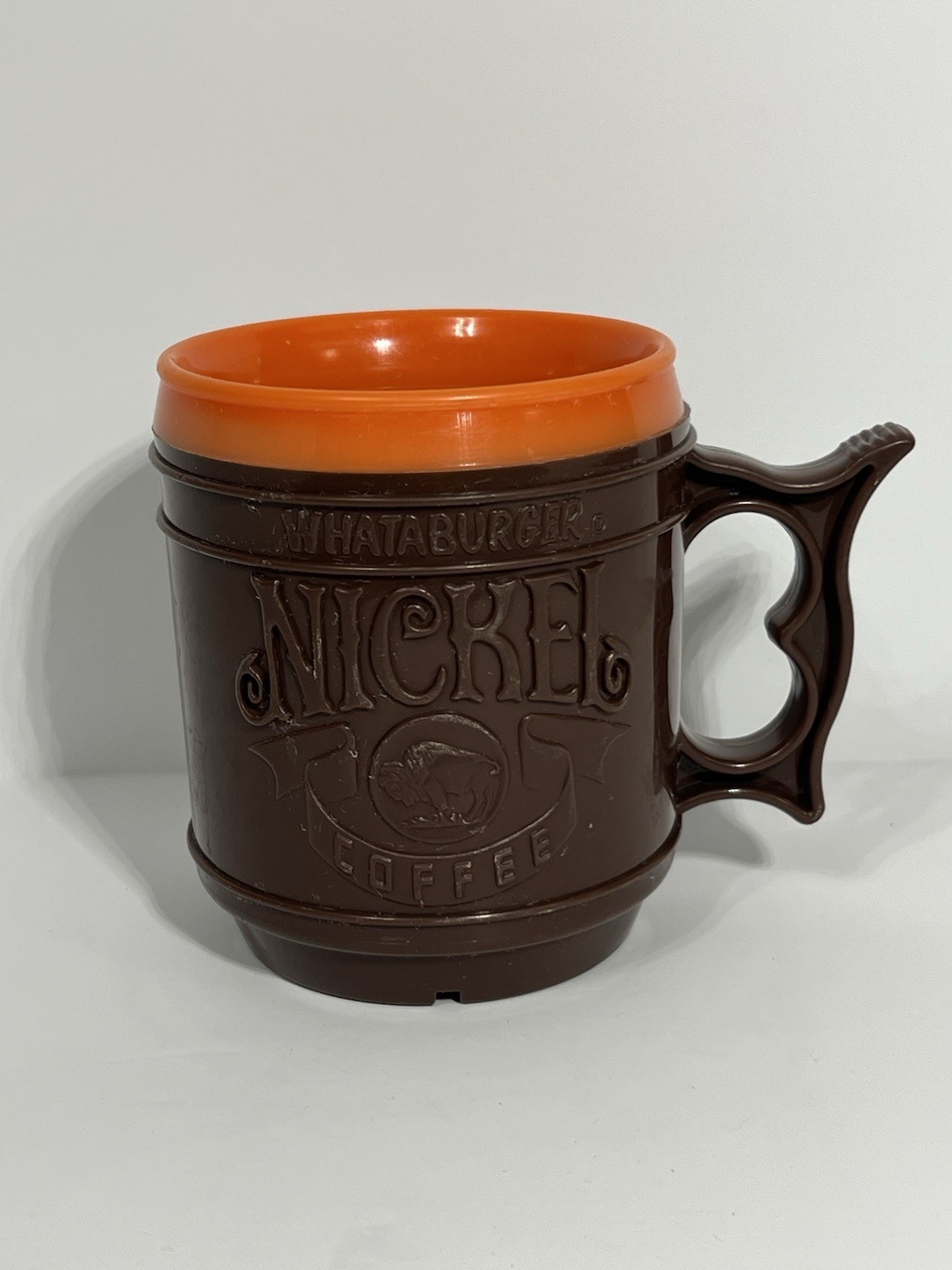 Whataburger Nickel Coffee Plastic Mug Cup Brown & Orange