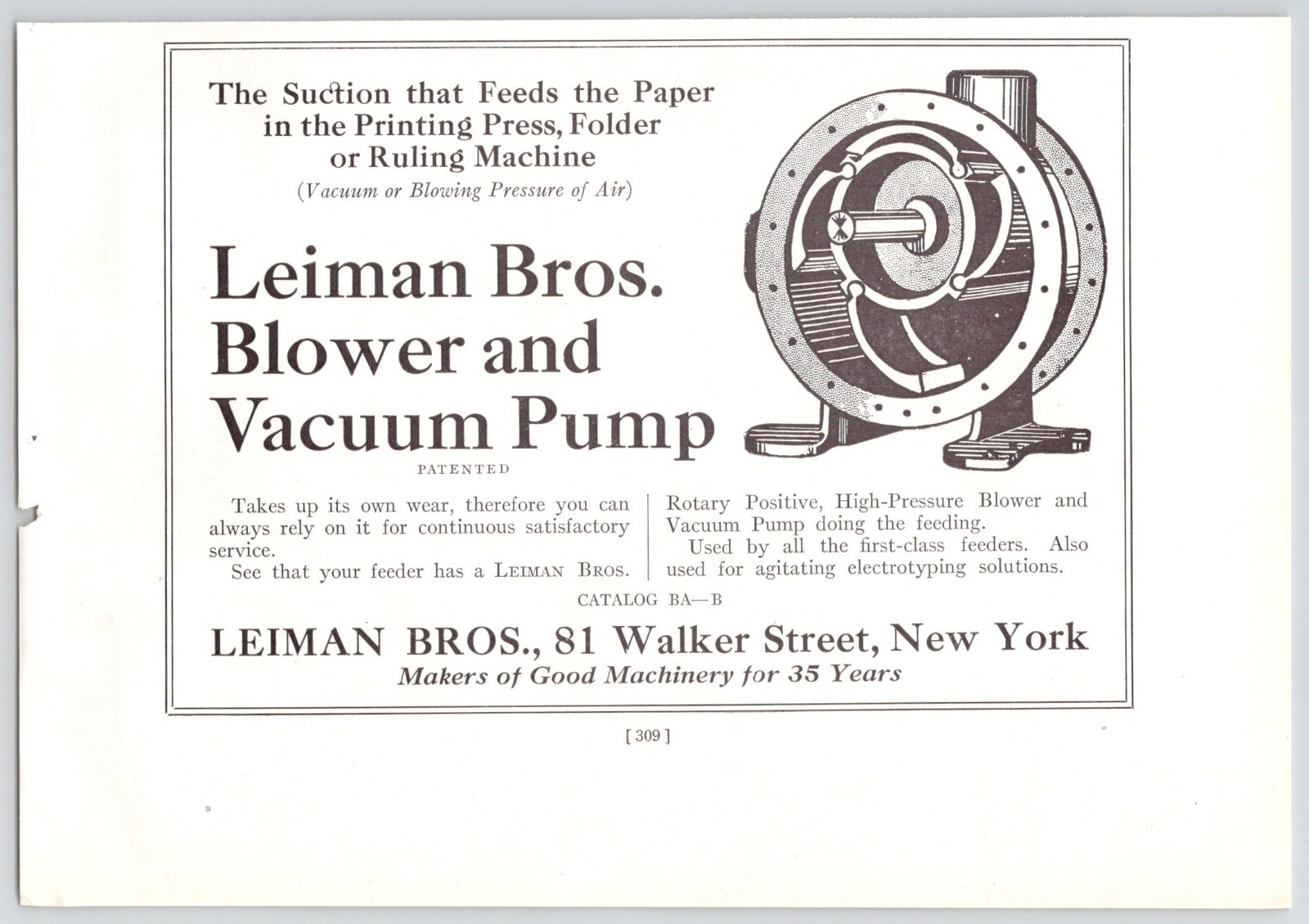 Leiman Bros Blowers & Vacuum Pump New York City 1920s Print Ad 4.5×6.75″