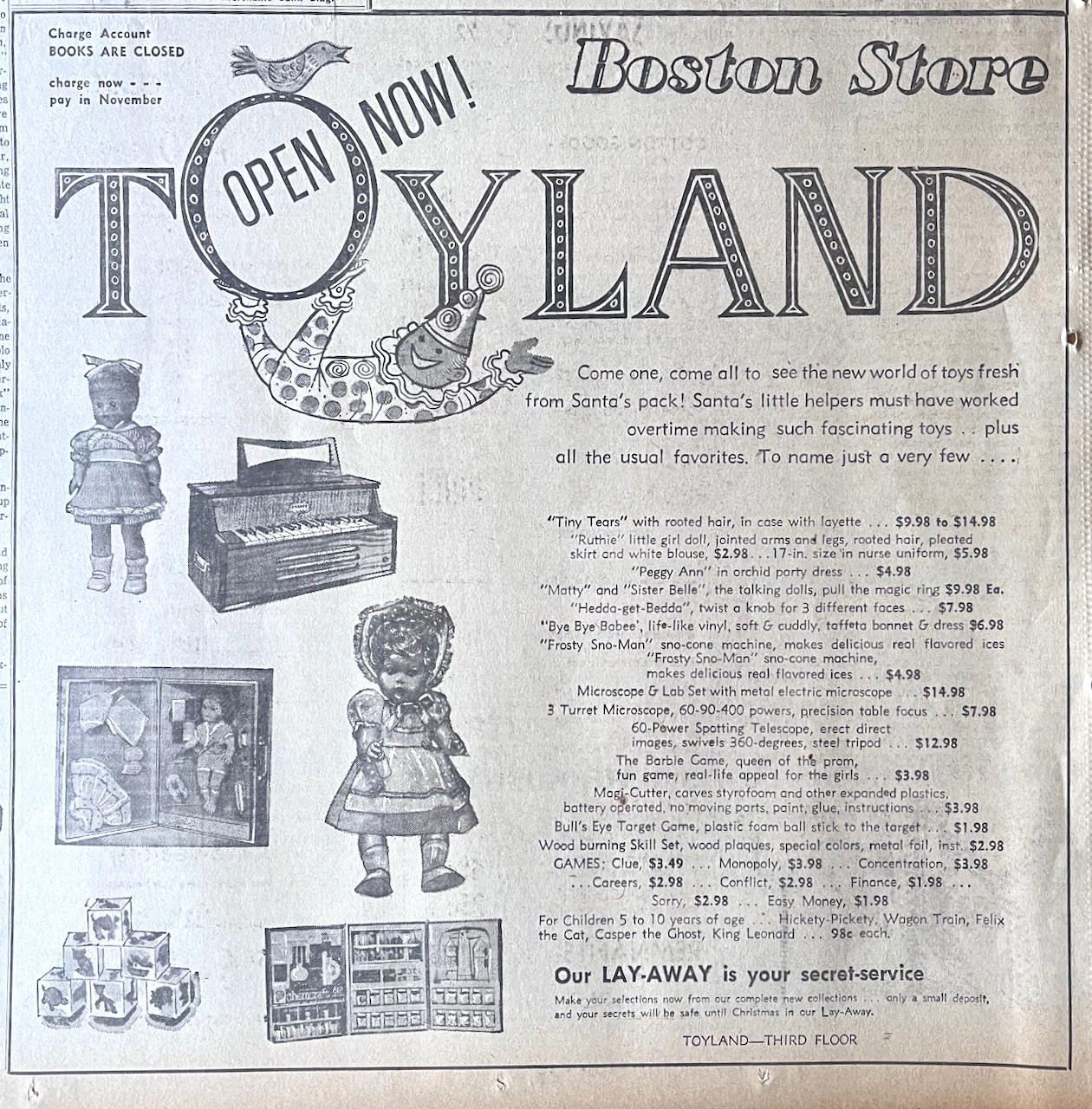 Large 1961 newspaper ad Boston Store Toyland – dolls, chemistry set, toy organ